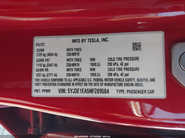 Продаж на аукціоні авто 2022 Tesla Model 3 Rear-wheel Drive, vin: 5YJ3E1EA5NF289584, номер лоту: 45562660