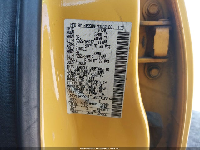 45562670 :رقم المزاد ، 1N6MD27Y81C369974 vin ، 2001 Nissan Frontier Sc-v6 مزاد بيع