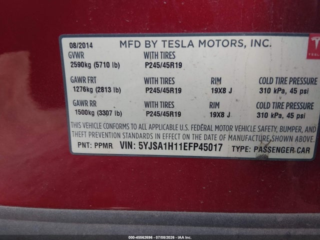 Auction sale of the 2014 Tesla Model S P85, vin: 5YJSA1H11EFP45017, lot number: 45562696