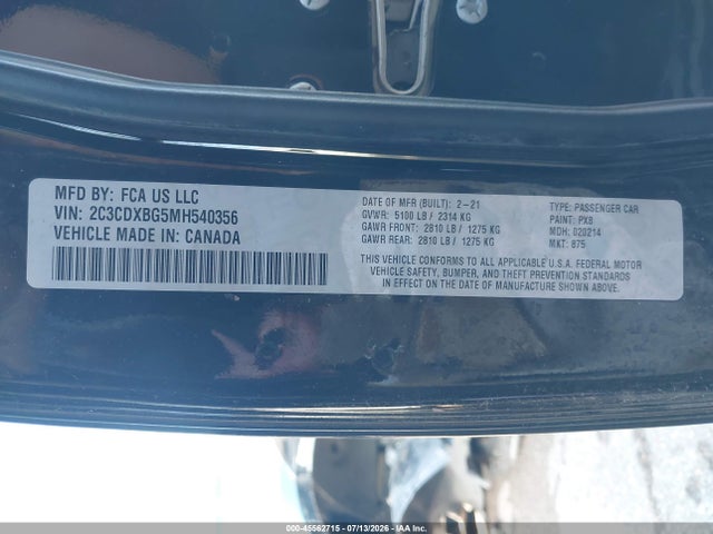 45562715 :رقم المزاد ، 2C3CDXBG5MH540356 vin ، 2021 Dodge Charger Sxt Rwd مزاد بيع