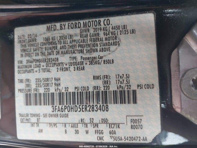45562725 :رقم المزاد ، 3FA6P0HD5ER283408 vin ، 2014 Ford Fusion Se مزاد بيع