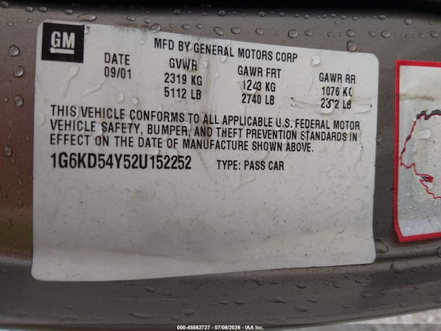 2002 Cadillac Deville მანქანა იყიდება აუქციონზე, vin: 1G6KD54Y52U152252, აუქციონის ნომერი: 45562727