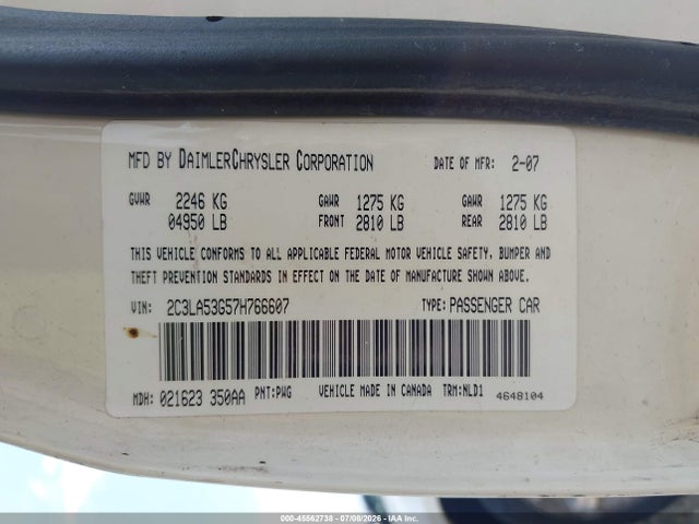 2007 Chrysler 300 Touring მანქანა იყიდება აუქციონზე, vin: 2C3LA53G57H766607, აუქციონის ნომერი: 45562738