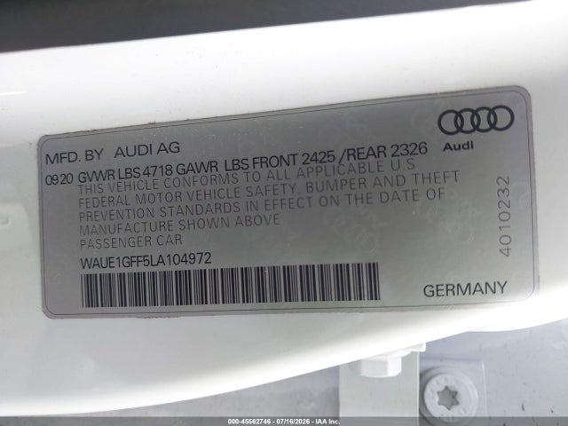 Aukcja sprzedaży 2020 Audi S3 Premium Plus Tfsi Quattro S Tronic, vin: WAUE1GFF5LA104972, numer aukcji: 45562746