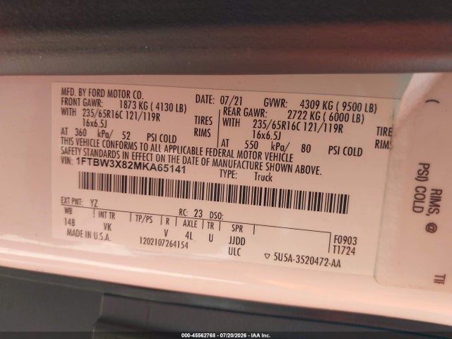 Продаж на аукціоні авто 2021 Ford Transit-350 Cargo Van, vin: 1FTBW3X82MKA65141, номер лоту: 45562768