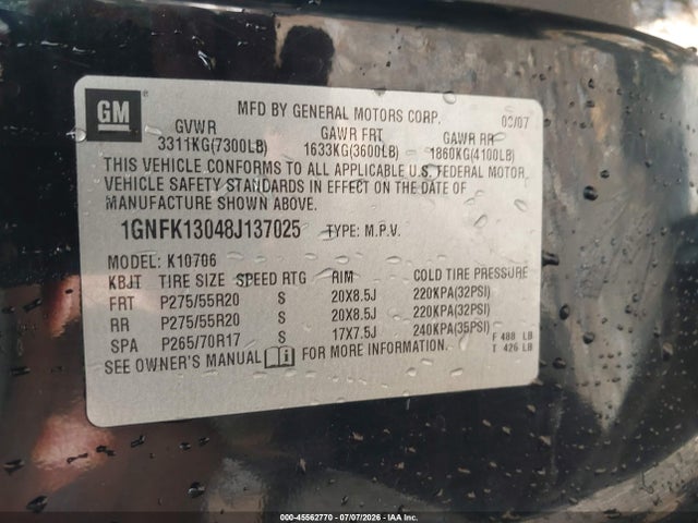 Продаж на аукціоні авто 2008 Chevrolet Tahoe Lt, vin: 1GNFK13048J137025, номер лоту: 45562770