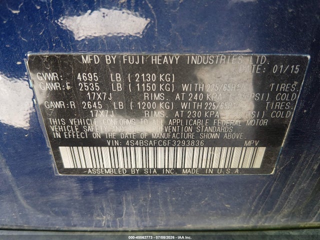 Subaru Outback 2.5i Premium 2015 4S4BSAFC6F3293836 Image 9