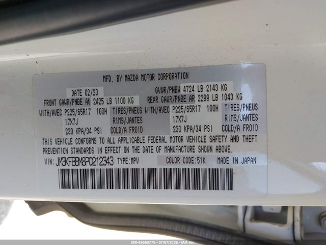 Aukcja sprzedaży 2023 Mazda Cx-5 2.5 S Select, vin: JM3KFBBM8P0212343, numer aukcji: 45562775