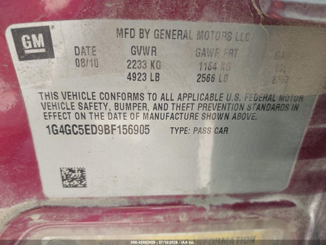 Продажа на аукционе авто 2011 Buick Lacrosse Cxl, vin: 1G4GC5ED9BF156905, номер лота: 45562809