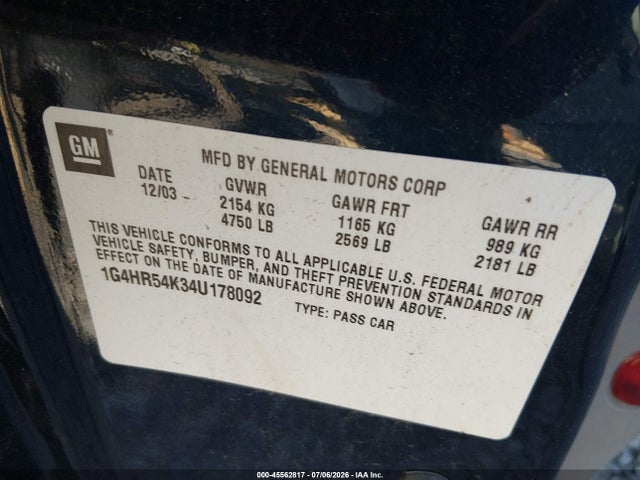 Aukcja sprzedaży 2004 Buick Lesabre Limited, vin: 1G4HR54K34U178092, numer aukcji: 45562817