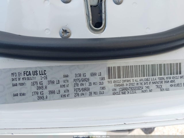 Aukcja sprzedaży 2016 Ram 1500 Laramie, vin: 1C6RR6NT9GS233254, numer aukcji: 45562825