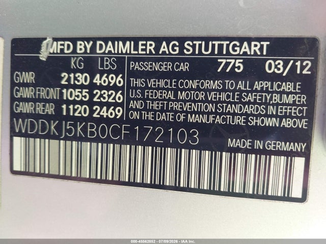 45562852 :رقم المزاد ، WDDKJ5KB0CF172103 vin ، 2012 Mercedes-benz E 350 مزاد بيع