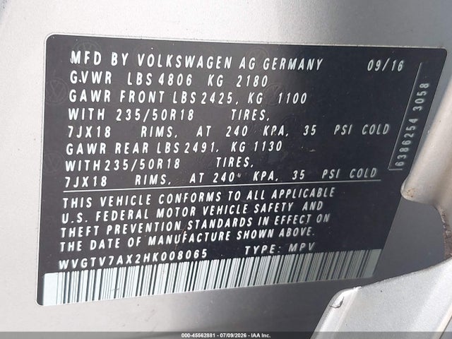 Продаж на аукціоні авто 2017 Volkswagen Tiguan 2.0t Sport, vin: WVGTV7AX2HK008065, номер лоту: 45562881