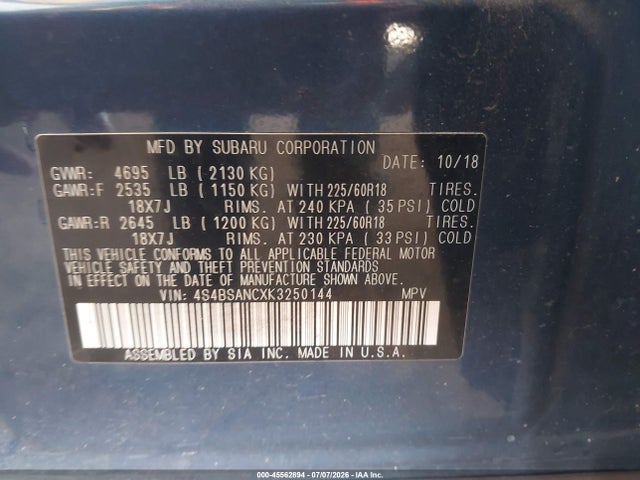 Subaru Outback 2.5i Limited 2019 4S4BSANCXK3250144 Image 9