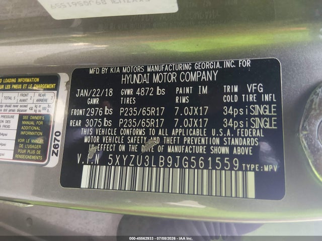 5XYZU3LB9JG561559 Hyundai Santa Fe Sport 2.4l