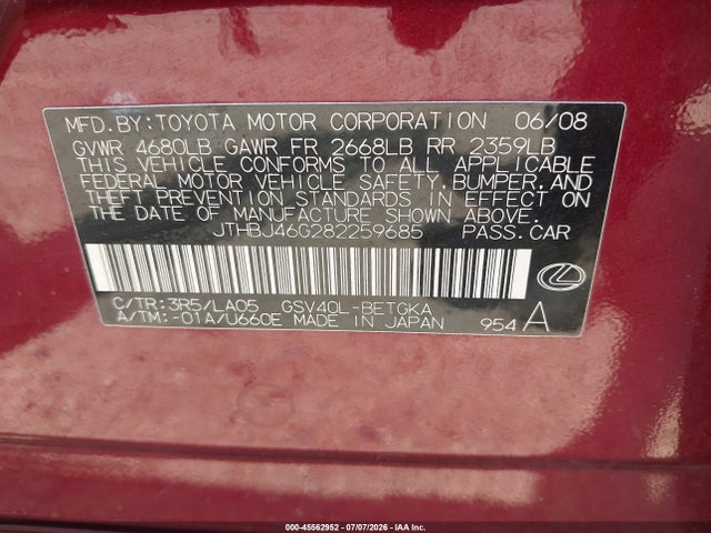 2008 Lexus Es 350 მანქანა იყიდება აუქციონზე, vin: JTHBJ46G282259685, აუქციონის ნომერი: 45562952