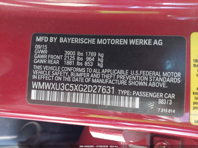 2016 Mini Hardtop Cooper S მანქანა იყიდება აუქციონზე, vin: WMWXU3C5XG2D27631, აუქციონის ნომერი: 45562961