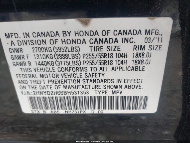 45562967 :رقم المزاد ، 2HNYD2H66BH531353 vin ، 2011 Acura Mdx Technology Package مزاد بيع