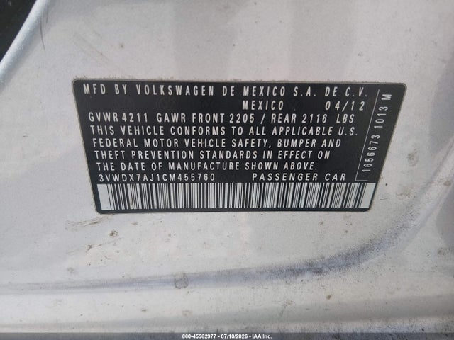 45562977 :رقم المزاد ، 3VWDX7AJ1CM455760 vin ، 2012 Volkswagen Jetta 2.5l Se مزاد بيع
