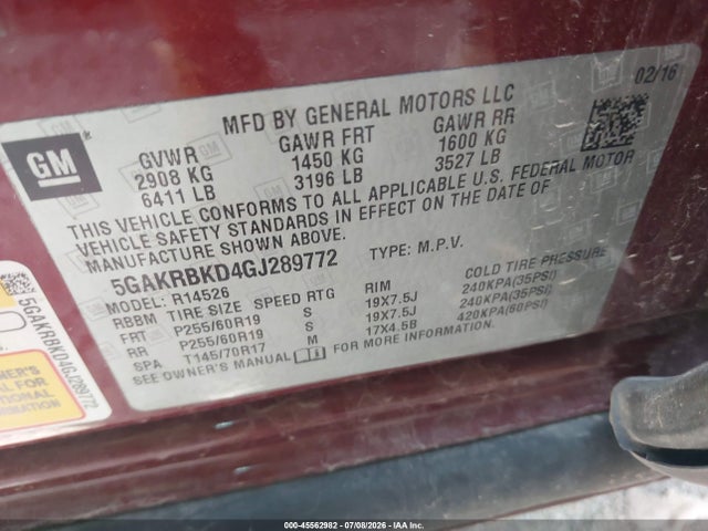 Продажа на аукционе авто 2016 Buick Enclave Leather, vin: 5GAKRBKD4GJ289772, номер лота: 45562982