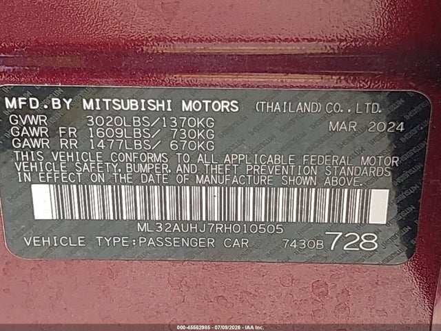 45562985 :رقم المزاد ، ML32AUHJ7RH010505 vin ، 2024 Mitsubishi Mirage Es/le مزاد بيع