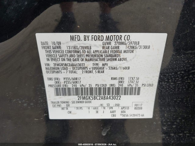 2010 Ford Flex Se მანქანა იყიდება აუქციონზე, vin: 2FMGK5BC2ABA43022, აუქციონის ნომერი: 45563016