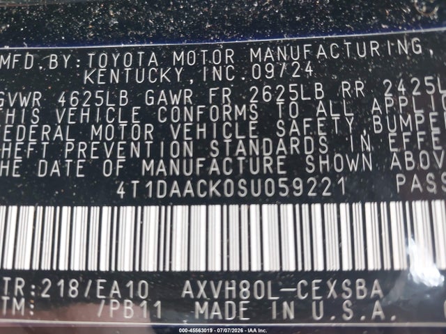 Aukcja sprzedaży 2025 Toyota Camry Se, vin: 4T1DAACK0SU059221, numer aukcji: 45563019