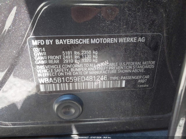 2014 Bmw 535i მანქანა იყიდება აუქციონზე, vin: WBA5B1C59ED481246, აუქციონის ნომერი: 45563027