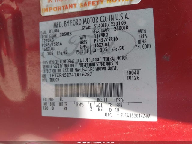 Aukcja sprzedaży 2004 Ford Ranger Edge/tremor/xlt, vin: 1FTZR45E74TA16287, numer aukcji: 45563032