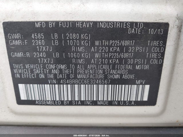45563041 :رقم المزاد ، 4S4BRBCC6E3246567 vin ، 2014 Subaru Outback 2.5i Premium مزاد بيع