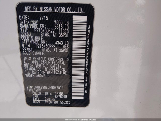 Aukcja sprzedaży 2015 Infiniti Qx80, vin: JN8AZ2NE0F9087515, numer aukcji: 45563048