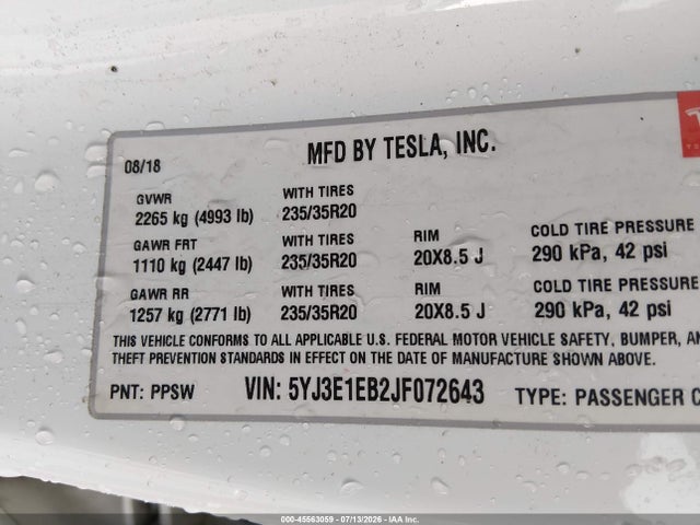 Tesla Model 3 Long Range/performance 2018 5YJ3E1EB2JF072643 Image 9