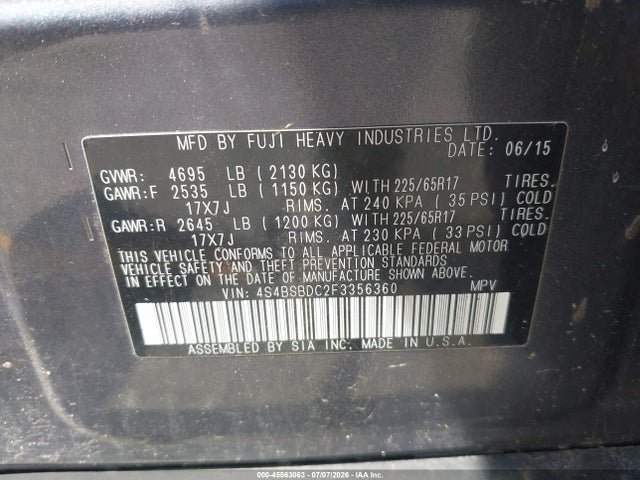 Продажа на аукционе авто 2015 Subaru Outback 2.5i Premium, vin: 4S4BSBDC2F3356360, номер лота: 45563063