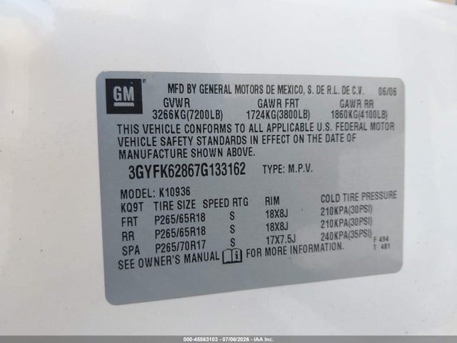 2007 Cadillac Escalade Ext Standard მანქანა იყიდება აუქციონზე, vin: 3GYFK62867G133162, აუქციონის ნომერი: 45563103