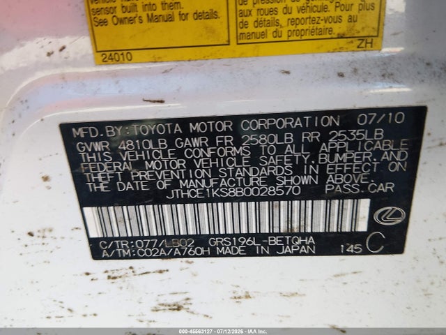 Aukcja sprzedaży 2011 Lexus Gs 350, vin: JTHCE1KS8B0028570, numer aukcji: 45563127