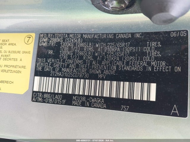 45563131 :رقم المزاد ، 2T2HA31U25C078730 vin ، 2005 Lexus Rx 330 مزاد بيع