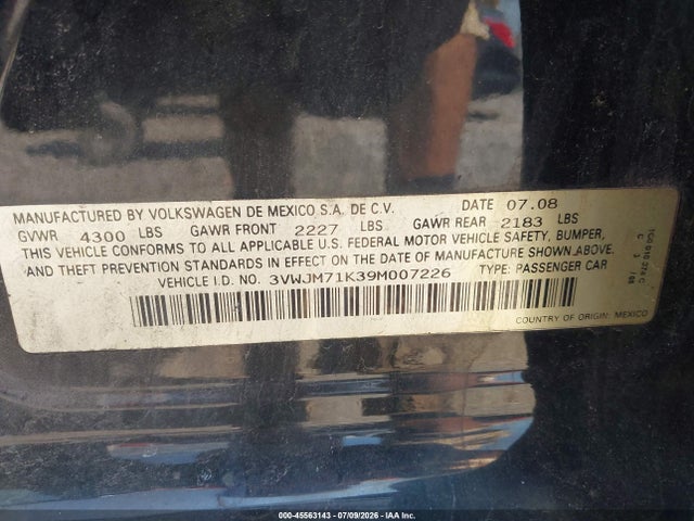 2009 Volkswagen Jetta S მანქანა იყიდება აუქციონზე, vin: 3VWJM71K39M007226, აუქციონის ნომერი: 45563143