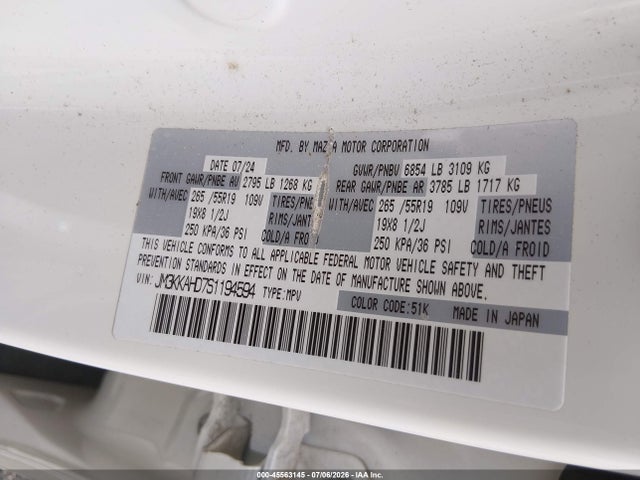 Aukcja sprzedaży 2025 Mazda Cx-90 3.3 Turbo Select Package, vin: JM3KKAHD7S1194594, numer aukcji: 45563145