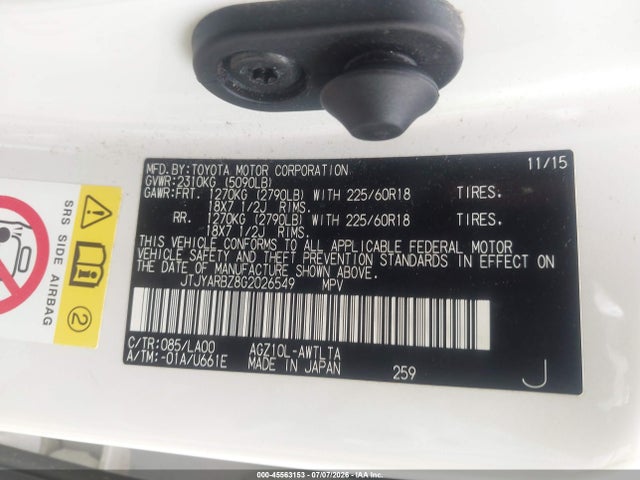 45563153 :رقم المزاد ، JTJYARBZ8G2026549 vin ، 2016 Lexus Nx 200t مزاد بيع