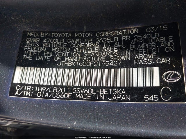 45563171 :رقم المزاد ، JTHBK1GG0F2195427 vin ، 2015 Lexus Es 350 مزاد بيع