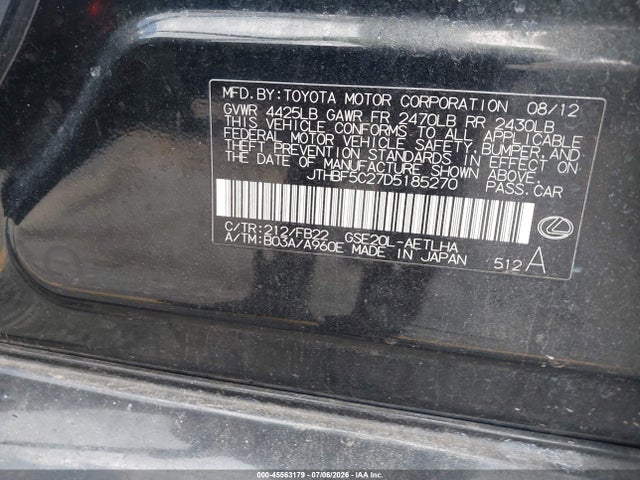 Продаж на аукціоні авто 2013 Lexus Is 250, vin: JTHBF5C27D5185270, номер лоту: 45563179