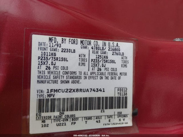 Продажа на аукционе авто 1994 Ford Explorer, vin: 1FMCU22X8RUA74341, номер лота: 45563182