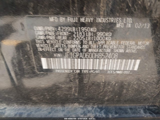 45563190 :رقم المزاد ، JF1GPAD60DH852408 vin ، 2013 Subaru Impreza 2.0i Premium مزاد بيع