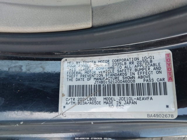 Aukcja sprzedaży 2002 Lexus Is 300, vin: JTHBD192120046008, numer aukcji: 45563199