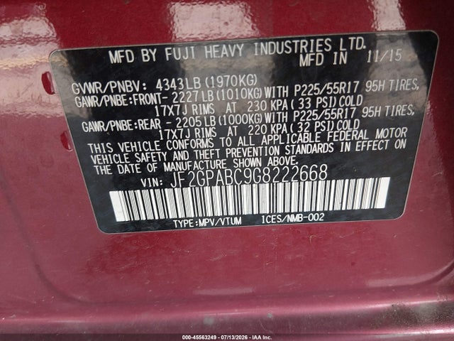 Aukcja sprzedaży 2016 Subaru Crosstrek 2.0i Premium, vin: JF2GPABC9G8222668, numer aukcji: 45563249