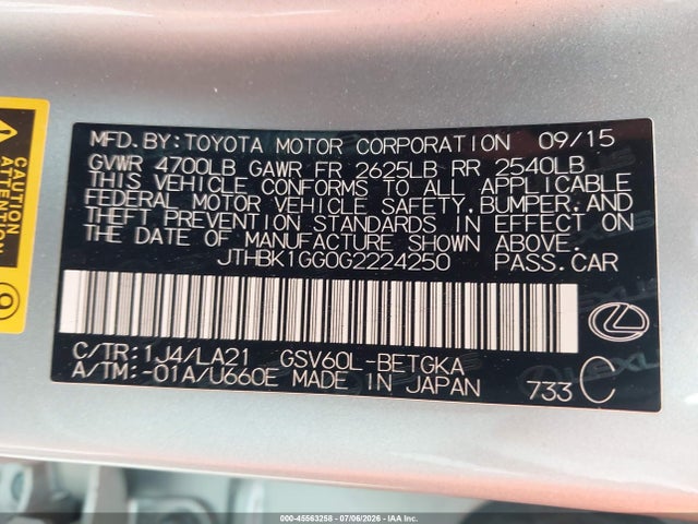 Aukcja sprzedaży 2016 Lexus Es 350, vin: JTHBK1GG0G2224250, numer aukcji: 45563258