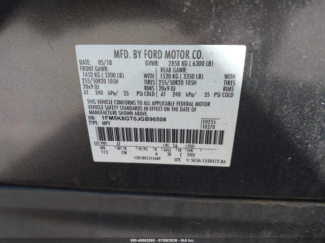 Продажа на аукционе авто 2018 Ford Explorer Sport, vin: 1FM5K8GT0JGB96508, номер лота: 45563265