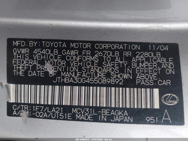 45563272 :رقم المزاد ، JTHBA30G455089892 vin ، 2005 Lexus Es 330 مزاد بيع
