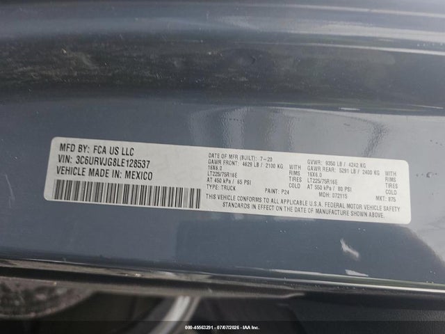 Auction sale of the 2020 Ram Promaster 3500 Cargo Van High Roof 159 Wb Ext, vin: 3C6URVJG8LE128537, lot number: 45563291