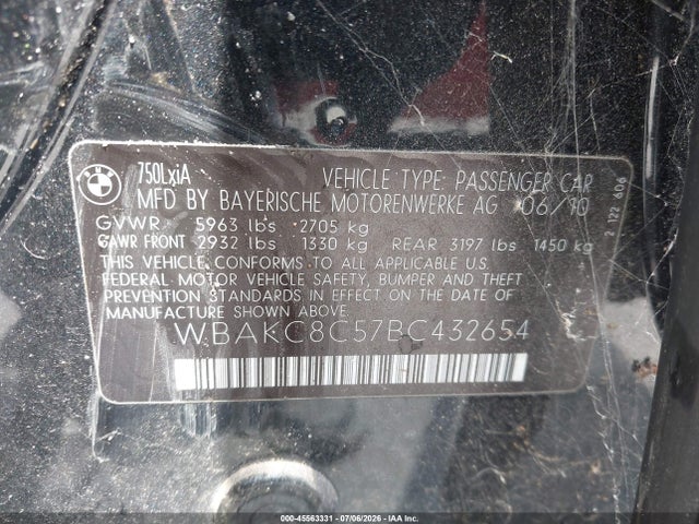 45563331 :رقم المزاد ، WBAKC8C57BC432654 vin ، 2011 Bmw 750li Xdrive مزاد بيع